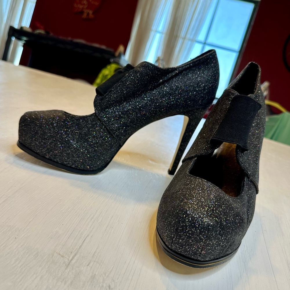 City Streets Black Glitter Mary Jane Layla Heels 9.5M 5” Stiletto Pumps - Picture 2 of 15